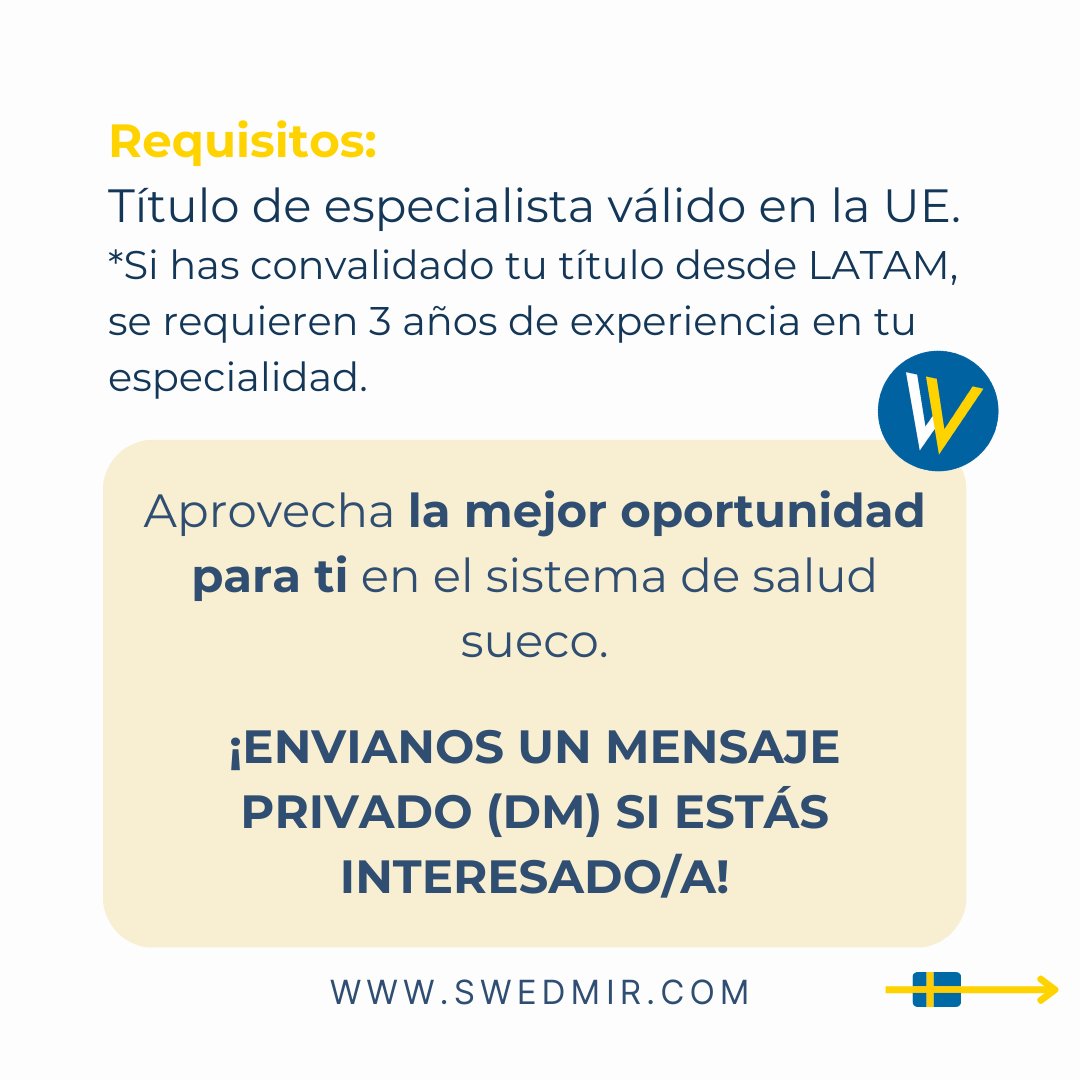 swedmir's tweet photo. Las especialidades más demandadas son:

➡️ Medicina de familia
➡️ Psiquiatría
➡️ Enfermería
➡️ Técnicos de rayos

*Consúltanos para otras especialidades. https://t.co/611jUkDa1L