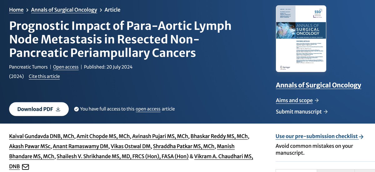 Kaival_Gundavda's tweet image. Prognostic impact of isolated para-aortic LN metastasis in periampullary cancer: Surgical resection or reconsideration? 

Recently published @AnnSurgOncol  

link.springer.com/article/10.124…

Grateful for the opportunity 🙏 @DrVAChaudhari @Shraddha_234 @Manishbhandare4 @Shrikhande_SV
