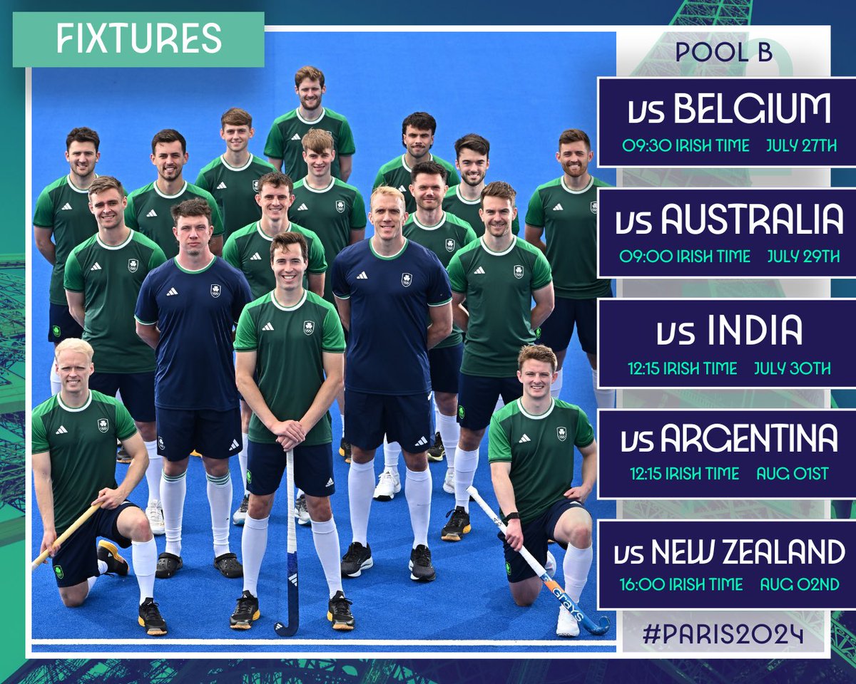 Paris 2024 Fixtures ☘️

Take a look at our IRL Men's full Pool B Fixtures for the Paris 2024 Olympic Games! 

Watch our IRL Men play in this historic venue live on RTE (ROI), BBC iPlayer (NI) and Discovery+.

#Paris2024 #Hockey #SummerOfHockey #HockeyInvites #HockeyEquals
