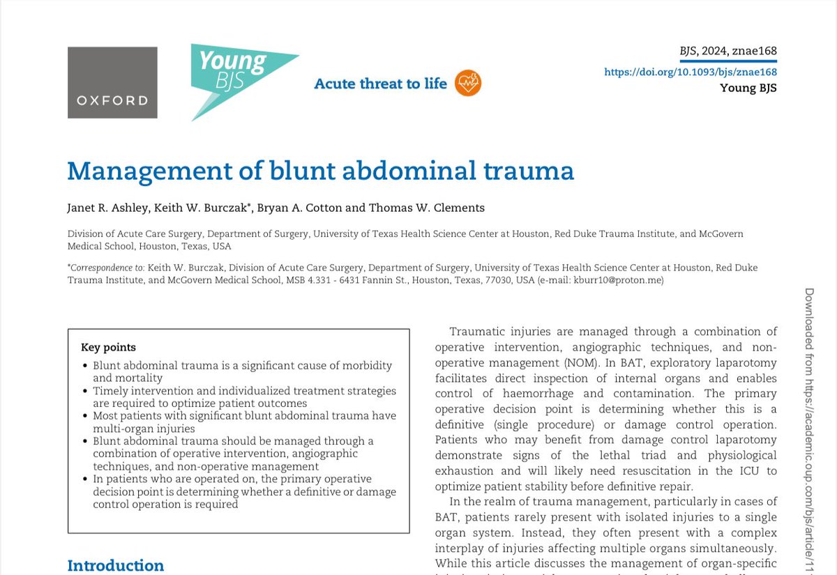 EmergPOCUS's tweet photo. 🚑 Manejo del trauma abdominal cerrado 🚘💥🚙

             (👇🏼🧵 🪡 #HILO 🧵 🪡👇🏼)

1️⃣ Evaluación inicial:
   - Aplicación del algoritmo ATLS para una evaluación y estabilización rápida 🌪️.
   - Enfoque  ABCDE para asegurar vía aerea, respiración, circulación, discapacidad y exposición 🔄.
   - Uso de exámenes físicos, radiografías simples y #FAST para identificar lesiones que amenazan la vida 🔍.

2️⃣ Reanimación y control de daños:
   - Estrategia de reanimación temprana con transfusiones balanceadas y restricción de cristaloides 💉.
   - Mantenimiento de la hipotensión permisiva para evitar la coagulopatía y optimizar la hemostasia quirúrgica 🩸.

3️⃣ Manejo quirúrgico:
   - Decisión de realizar laparotomía exploratoria para inspeccionar órganos internos y controlar hemorragias 🛠️.
   - Evaluación para decidir entre una operación definitiva o de control de daños 🤔.
   - La resucitación en UCI antes de la reparación definitiva para estabilizar al paciente 🏥.

#TraumaAbdominal #MedicinaDeEmergencia #ATLS #Resucitación