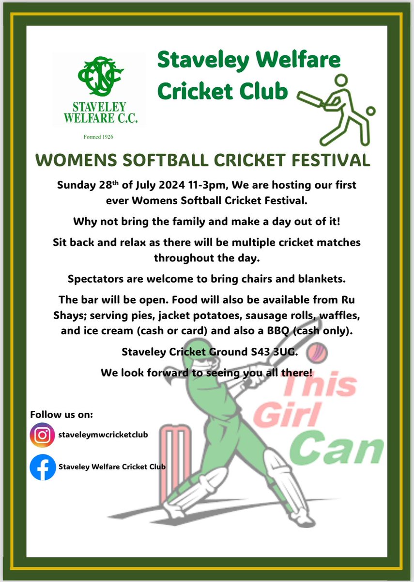 Staveley Welfare CC (@staveleywelfare) on Twitter photo We welcome <a href="/Chatsworth_CC/">Chatsworth Cricket Club</a>, <a href="/ClowneTownCC/">Clowne Town CC</a> and <a href="/HundallCC/">Hundall Cricket Club</a> to Lowgates for our first ever Women's Softball Cricket Festival this Sunday - why not bring all the family along! 🏏 We welcome <a href="/Chatsworth_CC/">Chatsworth Cricket Club</a>, <a href="/ClowneTownCC/">Clowne Town CC</a> and <a href="/HundallCC/">Hundall Cricket Club</a> to Lowgates for our first ever Women's Softball Cricket Festival this Sunday - why not bring all the family along! 🏏