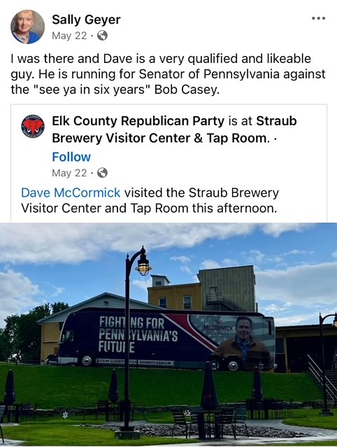 Dave McCormick🤝Sally Geyer.

Dave's best friend Sally is the chair of the Elk County Republican Party.