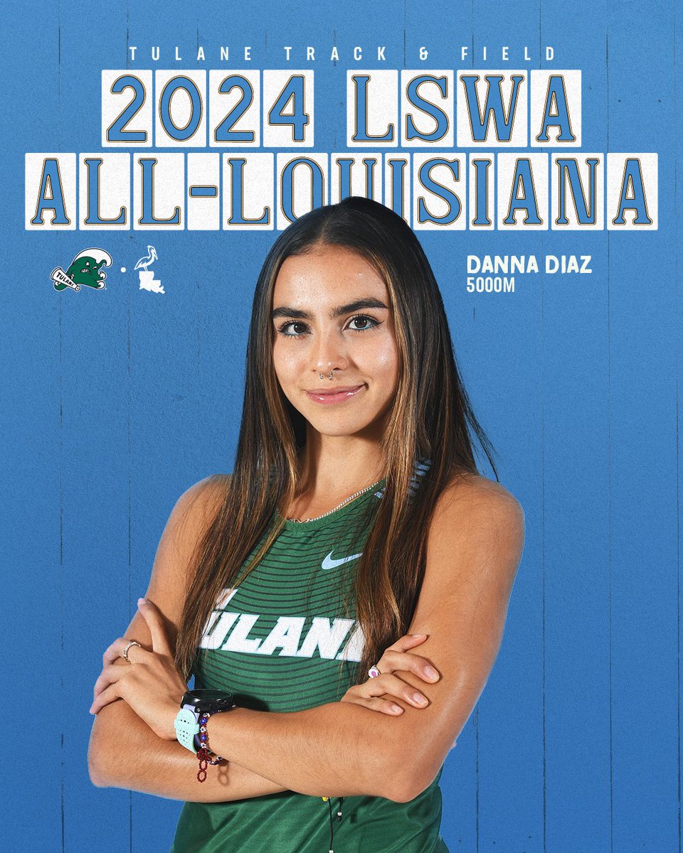 GreenWaveXCTF's tweet photo. All-Louisiana: Danna Diaz of the #GreenWaveXCTF women’s track & field team earned a spot on the 2024 Louisiana Sports Writers Association (LSWA) Track & Field Team in the 5,000m.
#RollWave 🌊 | #RunWave 👟 | #CongratsDanna https://t.co/Z91ULtxrfk