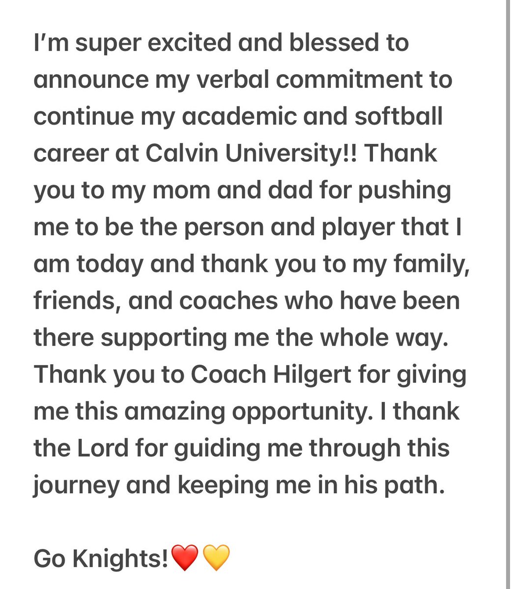 Go knights!!❤️💛 
#committed 
<a href="/CalvinSoftball/">Calvin Softball</a> 
<a href="/BoltsCarson/">Michigan Bolts - Carson</a>