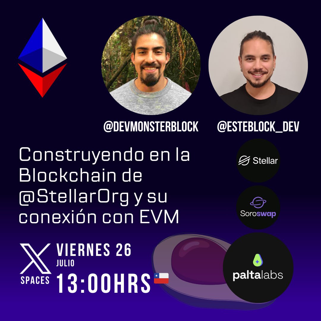 Ethereum_Chile's tweet photo. 📡 Este viernes 26/07 tenemos un encuentro junto a @DevMonsterB y @esteblock_dev para aprender a construir sobre @StellarOrg y su conexión con EVM
Agendate: https://t.co/YWkVMSXaSR
Iniciamos a las 🇦🇷 2PM 🇨🇱 1PM 🇵🇪 12PM
#Soroswap, #paltalabs #ETHChile2024 #stellarLatam https://t.co/PEKEKC7HHV
