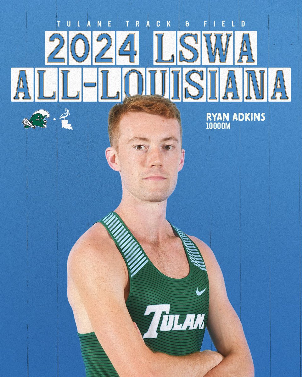 GreenWaveXCTF's tweet photo. All-Louisiana: Ryan Adkins of the #GreenWaveXCTF men’s track & field team earned a spot on the 2024 Louisiana Sports Writers Association (LSWA) Track & Field Team in the 10,000m.
#RollWave 🌊 | #RunWave 👟 | #CongratsRyan https://t.co/zYh7vPBmWA