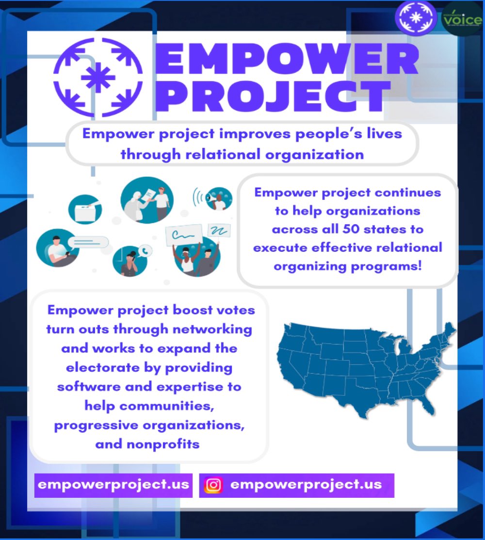 Shout out to our partner Empower Project! Empower Project improves people's lives through relational organization and boosts vote turnouts through networking. Empower Project provides software and expertise to help communities.
Picture from: traindemocrats.org/partners/empow…