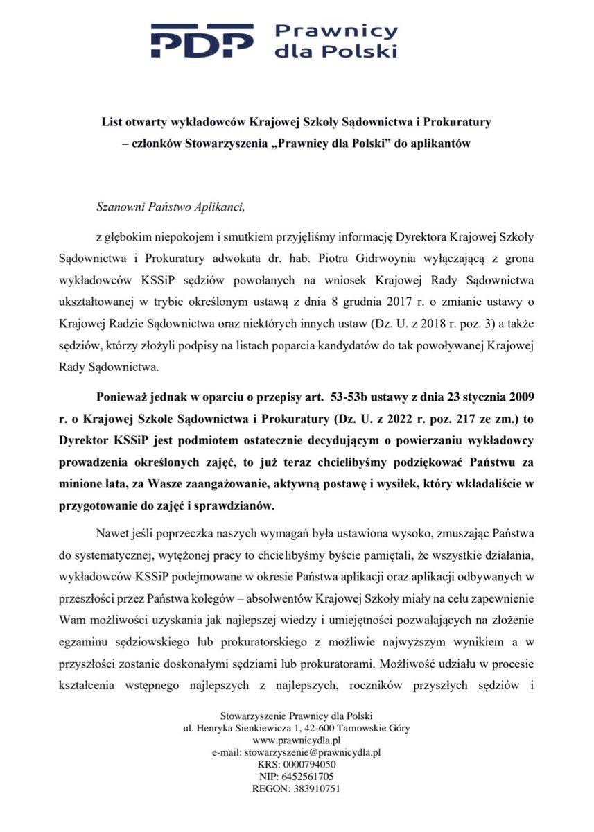 PRAWNICYdlaPOL's tweet photo. 🟥 Wykładowcy #KSSIP- członkowie @PRAWNICYdlaPOL wystosowali list otwarty do Państwa Aplikantów. Ma to związek z dyskryminującą decyzją dyrektora tej szkoły. Prosimy o zapoznanie się i rozpowszechnianie 🟥
cc: @SVotum @sedziowierp @StAdVocem @KRS_RP @SN_RP_ @BiuroRPO https://t.co/fWE7ucAD3y