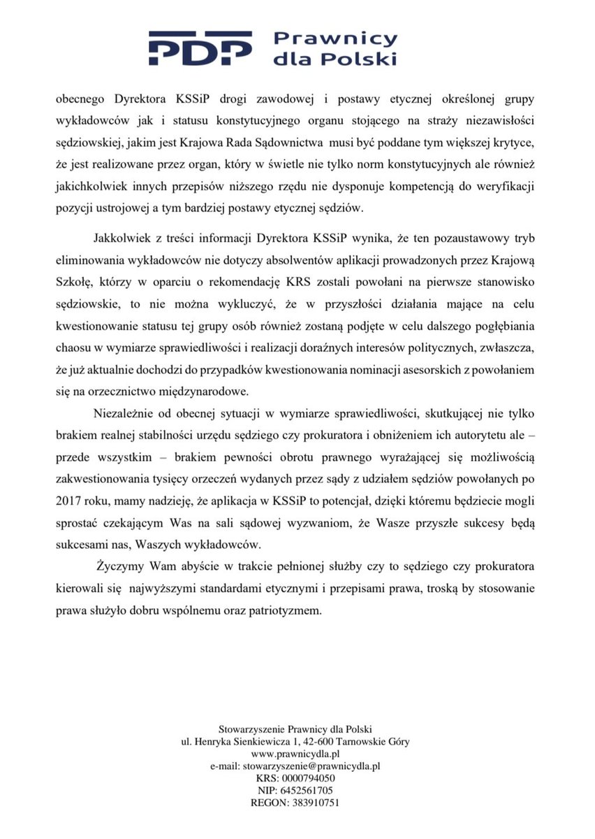 PRAWNICYdlaPOL's tweet photo. 🟥 Wykładowcy #KSSIP- członkowie @PRAWNICYdlaPOL wystosowali list otwarty do Państwa Aplikantów. Ma to związek z dyskryminującą decyzją dyrektora tej szkoły. Prosimy o zapoznanie się i rozpowszechnianie 🟥
cc: @SVotum @sedziowierp @StAdVocem @KRS_RP @SN_RP_ @BiuroRPO https://t.co/fWE7ucAD3y
