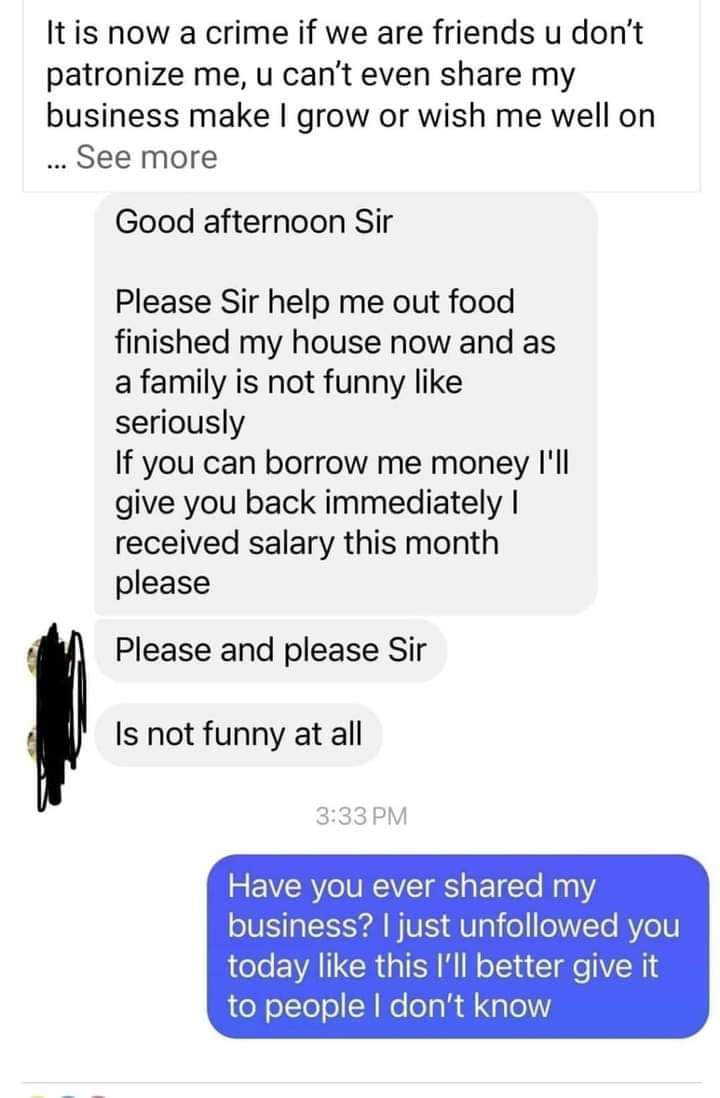 VVembe's tweet photo. So a guy was hungry went inbox to request for "food" instead of assistance dude came out and displayed their chat for the whole world to see. Man no be God Sha! https://t.co/cMDOnitMmL