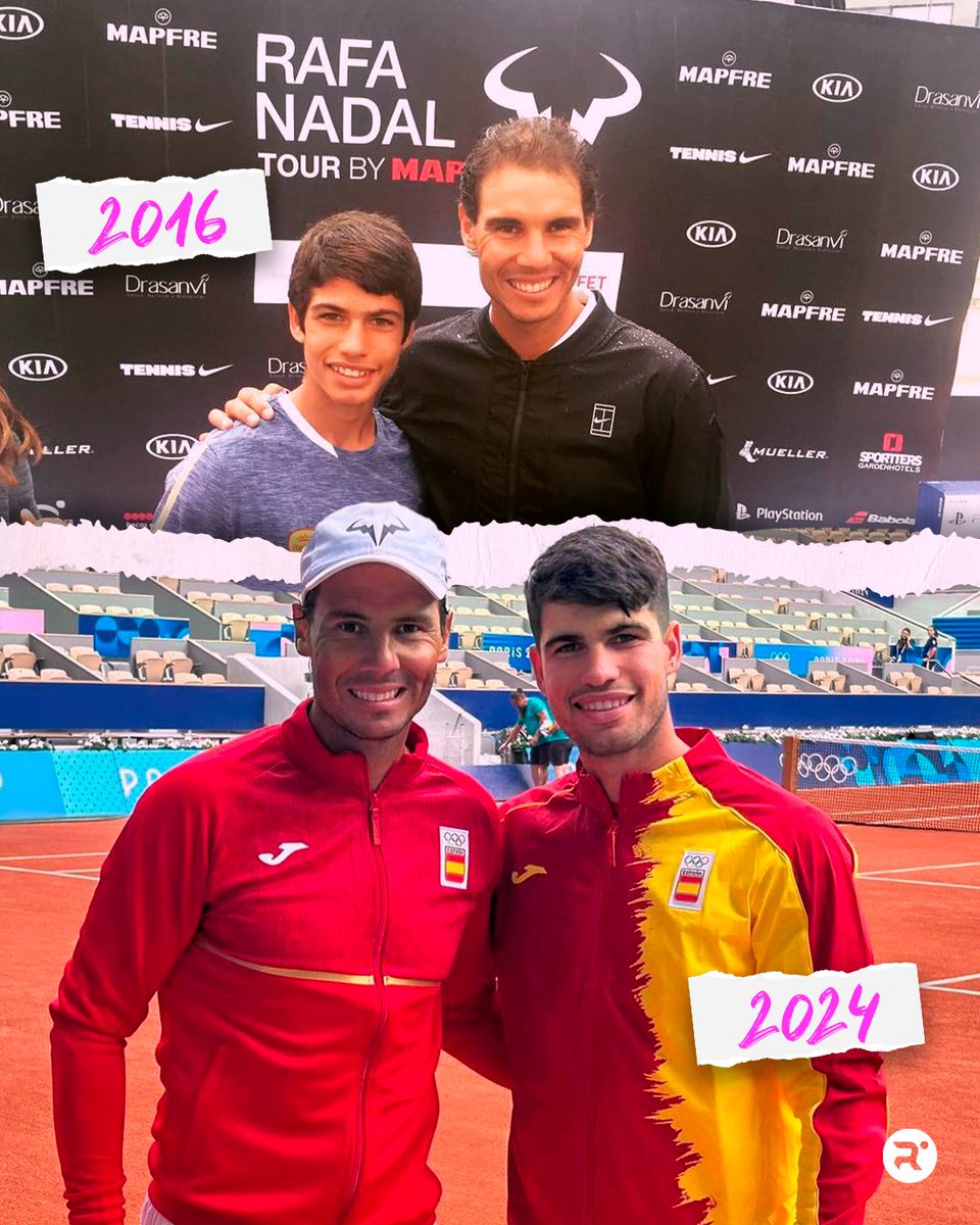 relevo's tweet photo. 🥹 ¡Los sueños se hacen realidad!

La primera foto de Nadal y Alcaraz es del año 2016. 

📌 Ahora ambos se preparan para jugar juntos en los JJOO. https://t.co/tPkIW3ISMX