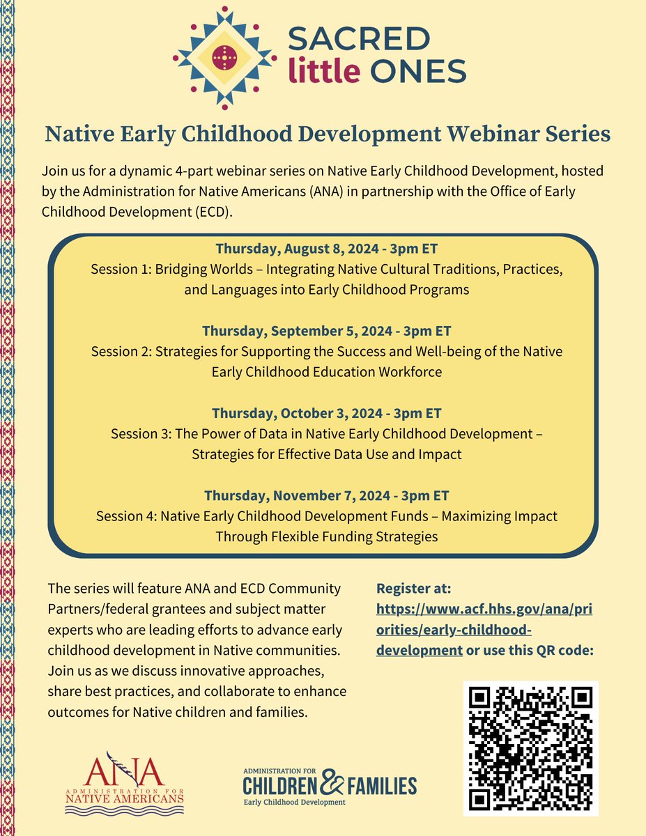 ANA_ACFgov's tweet image. ANA is hosting a four-part webinar series on Native Early Childhood Development. Learn how to support the growth, development, and well-being of Native children and families. Registration is free, but required. acf-hhs-gov.zoomgov.com/meeting/regist…  #ANA #NativeChildren #ECD