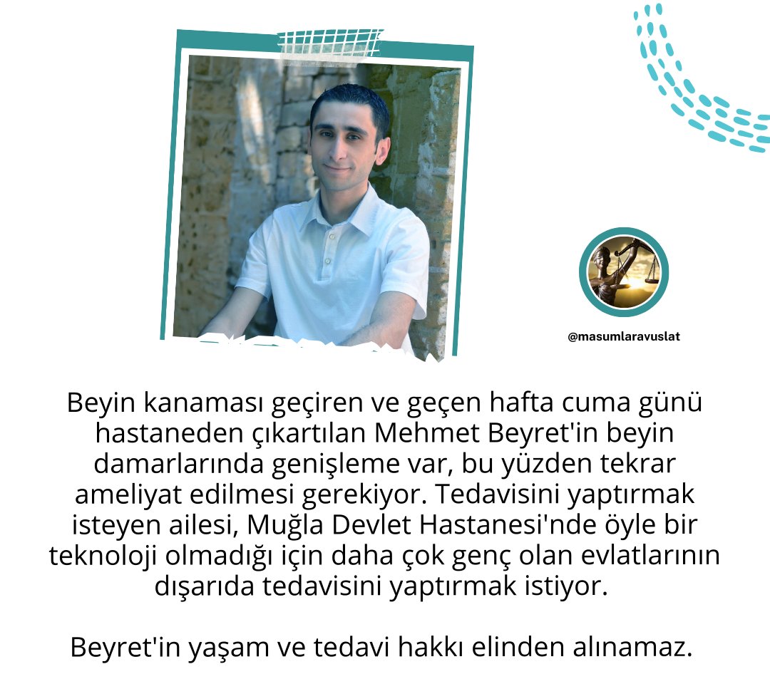 masumlaravuslat's tweet photo. Acil kaldırıldığı Muğla Devlet Hastanesi’nde beyin kanaması teşhisi konulan tutuklu mühendis Mehmet Beyret bir süre hastanede yattıktan sonra geçen hafta cuma günü yeniden cezaevine gönderildi. Beyret'in yeniden ameliyat olması gerekiyor. @salihro 

MehmetBeyrete AcilTahliye https://t.co/os2wjfbXdV