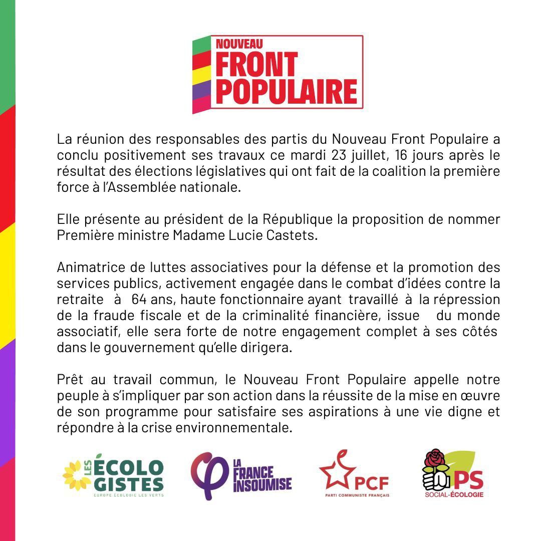 Clem_Autain's tweet photo. Très heureuse que les délégations des partis du #NFP aient enfin trouvé une proposition de Première ministre !
Lucie Castets est une femme très intelligente, solide, franchement de gauche. 
Et elle mène un combat qui me tient particulièrement à cœur, celui des services publis.
La logique politique, en respect des urnes, est sa nomination par Macron.