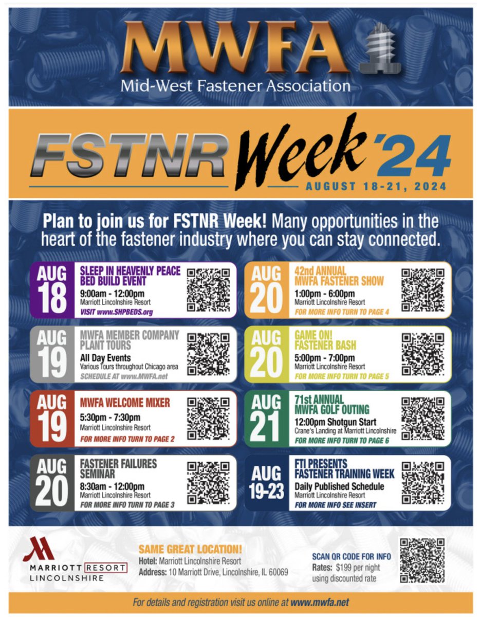 BTMMfg's tweet photo. Less than a month until @MWFA_News's #FSTNRWeek. From the 5K race and @SHPbeds bed build to the Fastener Show, and golf outing, this is the most incredible week for our fastener industry! #distributor #distribution #MWFA #FSTNR #BTMMfg #CustomManufacturing https://t.co/AoofuMcc1U