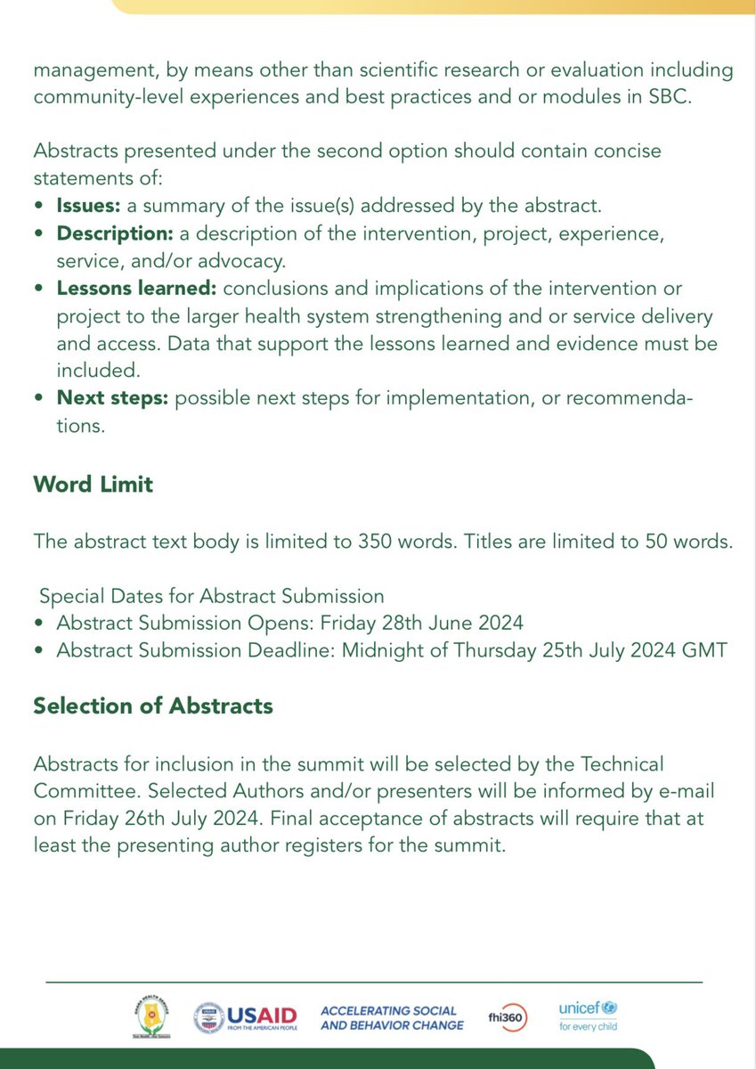 1/2
❗️Call for Abstracts❗️
The Ghana Health Service has extended the deadline for submissions to the Social and Behaviour Change Evidence Summit. The theme is “Achieving Universal Health Coverage Through Evidence-Based Social and Behaviour Change (SBC) Interventions.