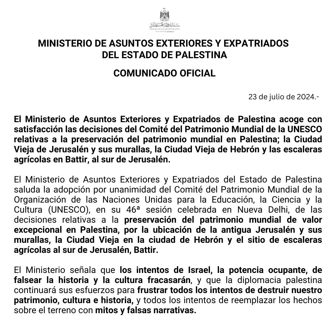 embpalestinauru's tweet photo. 🔴El Ministerio de Asuntos Exteriores y Expatriados de #Palestina acoge con satisfacción la adopción por parte de la #UNESCO sobre la preservación del patrimonio mundial de valor excepcional en Palestina para la Ciudad Vieja de #Jerusalén, #Hebrón y #Battir🔴 https://t.co/qiSad9kGcX