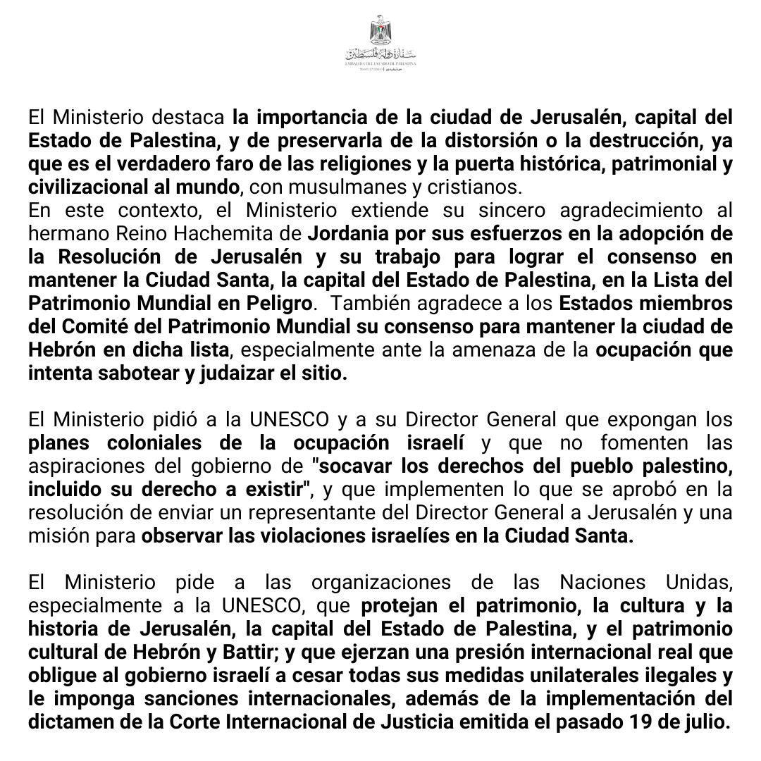 embpalestinauru's tweet photo. 🔴El Ministerio de Asuntos Exteriores y Expatriados de #Palestina acoge con satisfacción la adopción por parte de la #UNESCO sobre la preservación del patrimonio mundial de valor excepcional en Palestina para la Ciudad Vieja de #Jerusalén, #Hebrón y #Battir🔴 https://t.co/qiSad9kGcX