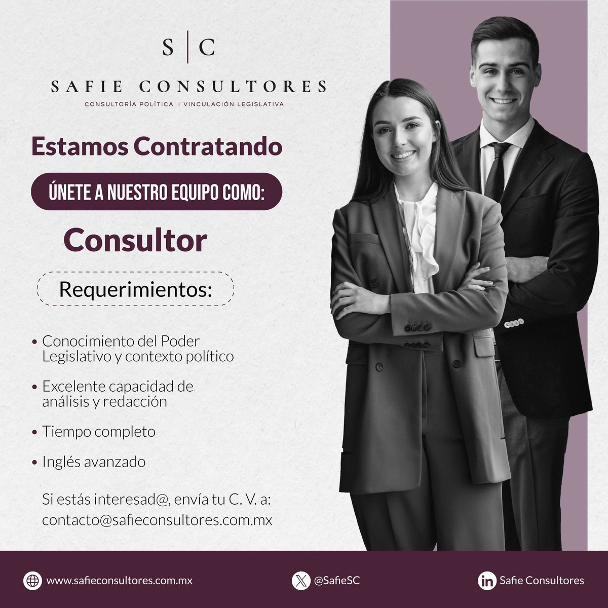 En #SafieConsultores estamos contratando. Mándanos tu CV!