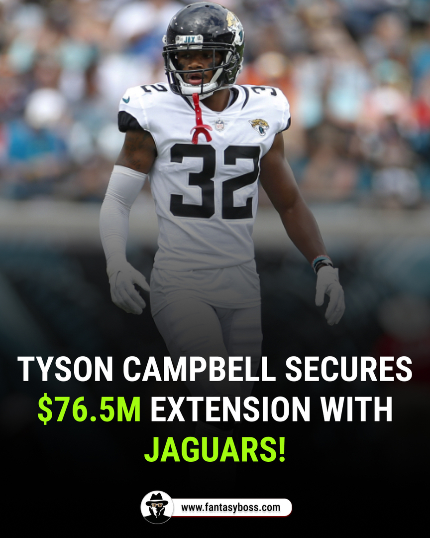 FantasyBoss's tweet photo. Jaguars CB Tyson Campbell locks in a 4-year, $76.5 million extension with $53.4 million guaranteed! 🎉 Shoutout to Todd France and Kyle McCarthy of AthletesFirst for negotiating this stellar deal. Let’s go, Tyson! #FantasyBoss #FantasyFootball #NFL #Jaguars #SecuredTheBag #Athl… https://t.co/DXbXVQDoRY