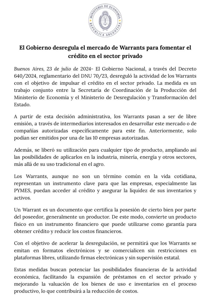 a3mercados's tweet photo. En 1914, cuando #Argentina era potencia, los Mercados a Término impulsamos la Ley de Warrants. Hoy celebramos su modernización y desregulación.

Nos llena de entusiasmo ver cómo el Gobierno ha tomado una medida tan significativa al desregular y modernizar el #Warrant. Esta iniciativa dinamizará el crédito en el sector privado y permitirá el uso de este instrumento como garantía de nuevas operaciones ofreciendo más oportunidades para los productores argentinos.

@JMilei @LuisCaputoAR @fedesturze 
@AndresEPonte 

https://t.co/sEOrBohUtS