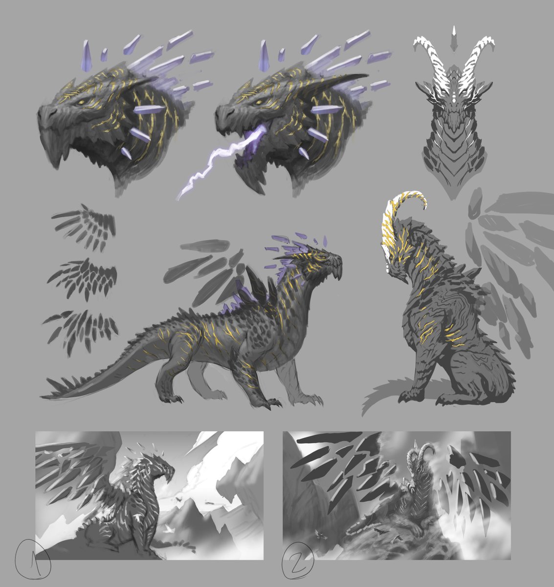 Celebrating the launch of @FablecraftGame, here's some work I've done for it with some process as well. 

This is the concept and illustration for the Highland Dragon. In this world, the dragons have features that come from their environments, this is the core of their identity. 