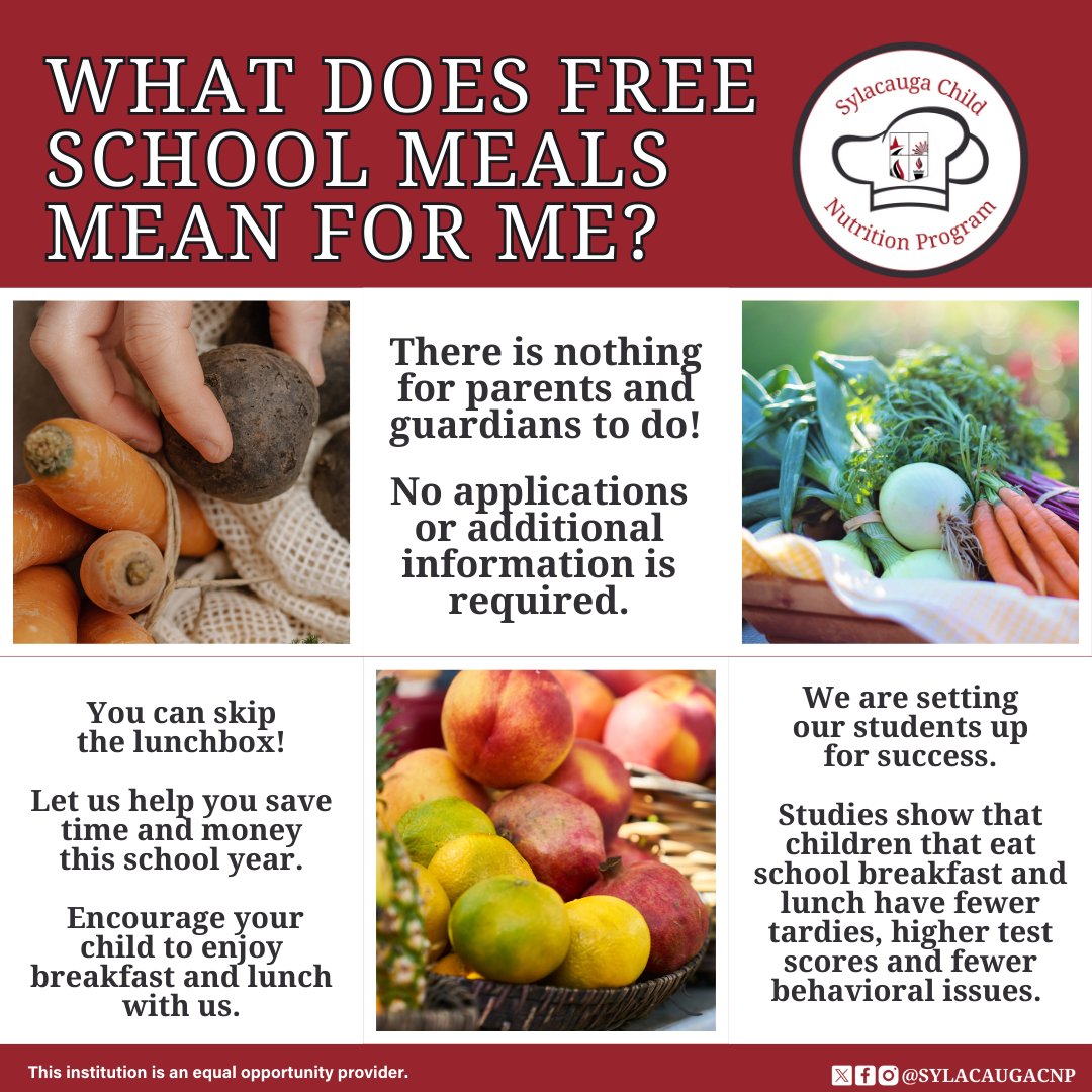 Exciting news! All Sylacauga City School students get free breakfast and lunch this upcoming school year.

#SylacaugaAL #SylacaugaAlabama #Sylacauga #ALschools