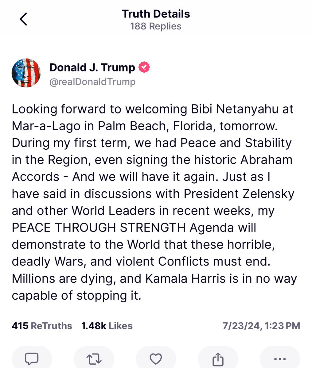 LauraLoomer's tweet photo. JUST IN:

After @KamalaHarris and @JoeBiden both refused to meet with Israel’s prime minister @netanyahu ahead of his address to Congress tomorrow, President Trump said he will be meeting with Netanyahu at Mar a Lago tomorrow! 

President Trump is our real President. #MAGA https://t.co/AE5bCkx0KP