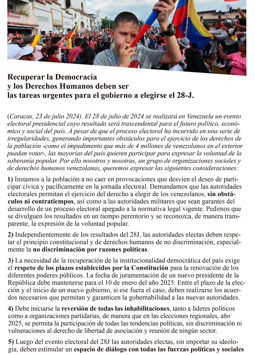 fanzinero's tweet photo. Conoce el comunicado que 43 ONG suscribieron exigiendo a las autoridades no obstaculizar el ejercicio ciudadano del voto el 28J y haciendo peticiones al gobierno que será elegido en esa fecha #DemocraciaEsDDHH https://t.co/IfYzX77NE9