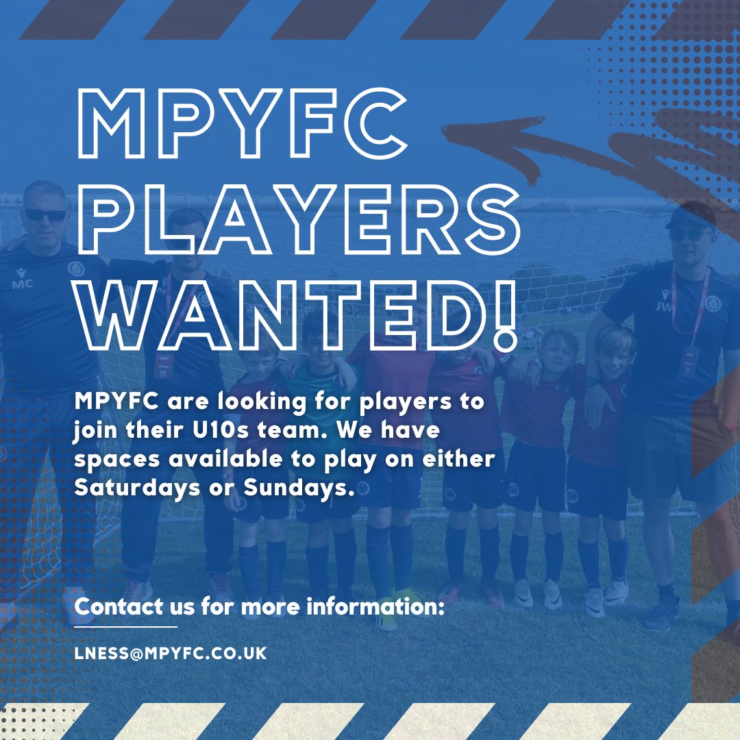 🔹MPYFC U10 Boys Wanted🔹
__
 
MPYFC are on the hunt for U10 boys to join us, playing on either a Saturday or a Sunday⚽️
__

For more information please contact Lisa: lness@mpyfc.co.uk📧
