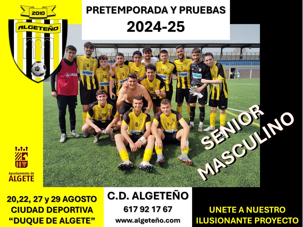 𝗣𝗥𝗘𝐓𝐄𝐌𝐏𝐎𝐑𝐀𝐃𝐀 𝟐𝟎𝟐𝟒/𝟐𝟎𝟐𝟓
𝙔𝘼 𝙀𝙎𝙏𝘼 𝙏𝙍𝘼𝘽𝘼𝙅𝘼𝙉𝘿𝙊 𝙀𝙇 𝙋𝙍𝙄𝙈𝙀𝙍 𝙀𝙌𝙐𝙄𝙋𝙊
PRETEMPORADA Y PRUEBAS 20, 22, 27 Y 29 de AGOSTO.
ℹ️ INFORMACION:
📞617 92 17 67
📩cdalgeteno@gmail.com
✍️algeteño.com