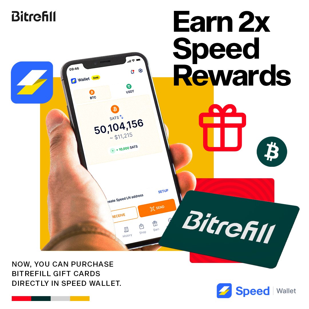 We are thrilled to collaborate with @speedwallet Bitcoin Wallet. Now, you  can purchase Bitrefill Gift Cards directly from Speed Wallet and earn 2X  Speed Rewards on every purchase. Speed Rewards can be