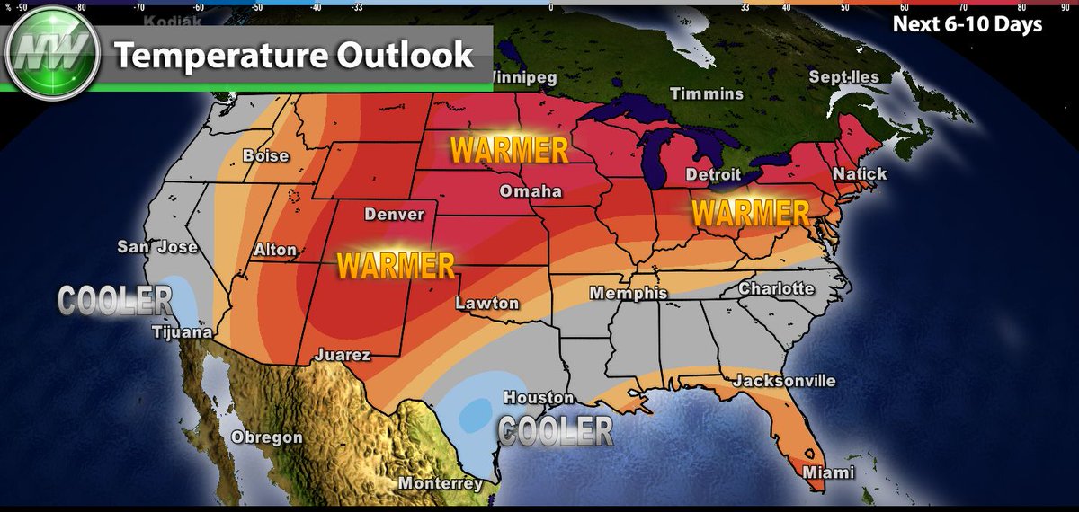 Temperatures across much of the US will continue to be above average over the next 6-10 days, with the exceptions of parts of the south/southeast and west: