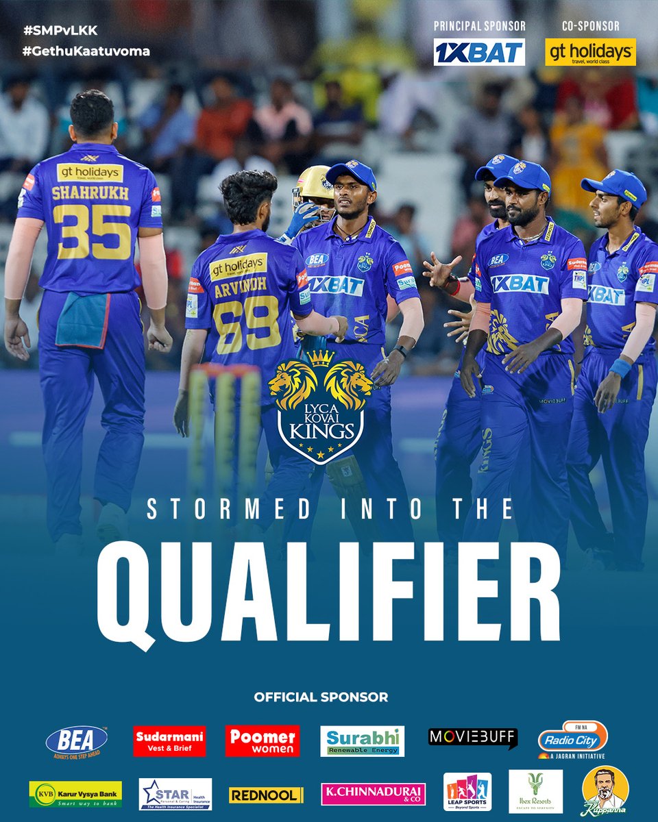LycaKovaiKings's tweet photo. LKK has stormed into the qualifiers! 🎉🏆 The Kings are ready to tackle the next stage with confidence and determination. 👑💥
#LycaKovaiKings 👑 #LKK #GethuKaatuvoma #TNPL 🏏 #TNPL2024 #SMPvsLKK https://t.co/Ru8Lh4Tjzk