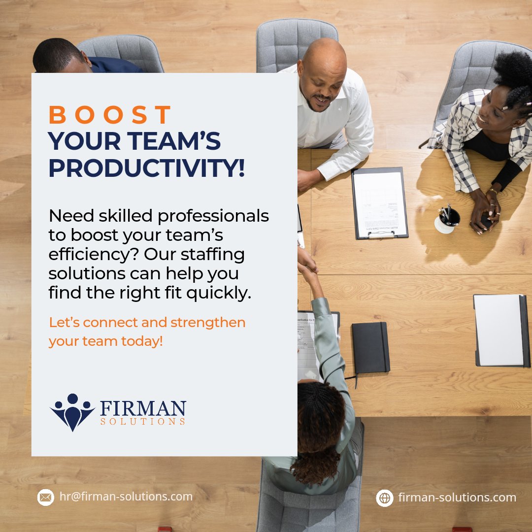 FirmanSolutions's tweet image. Looking to enhance your team’s performance? 
Our staffing solutions bring you the top talent you need to succeed. 

Connect with us today!

#StaffingSolutions #TopTalent #BoostYourTeam #HireTheBest #TeamSuccess #ProductivityBoost #RecruitmentExperts