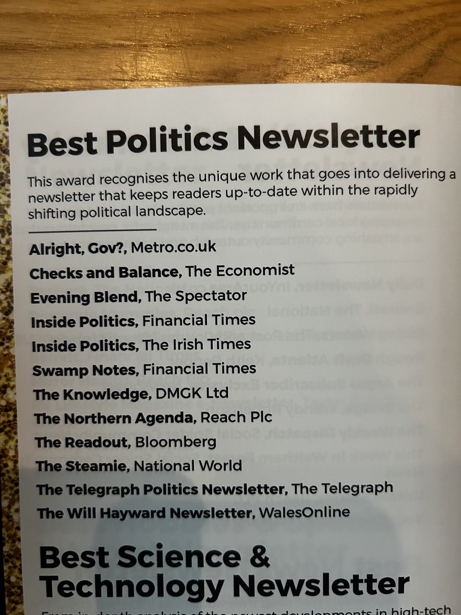 Guess what!?

The Will Hayward Newsletter was just named Politics Newsletter of the Year at the Publisher Awards. 

Up against the likes of the Spectator, Economist and Bloomberg, it’s bloody awesome to see Welsh politics get this sort of attention. 

I’m very grateful for