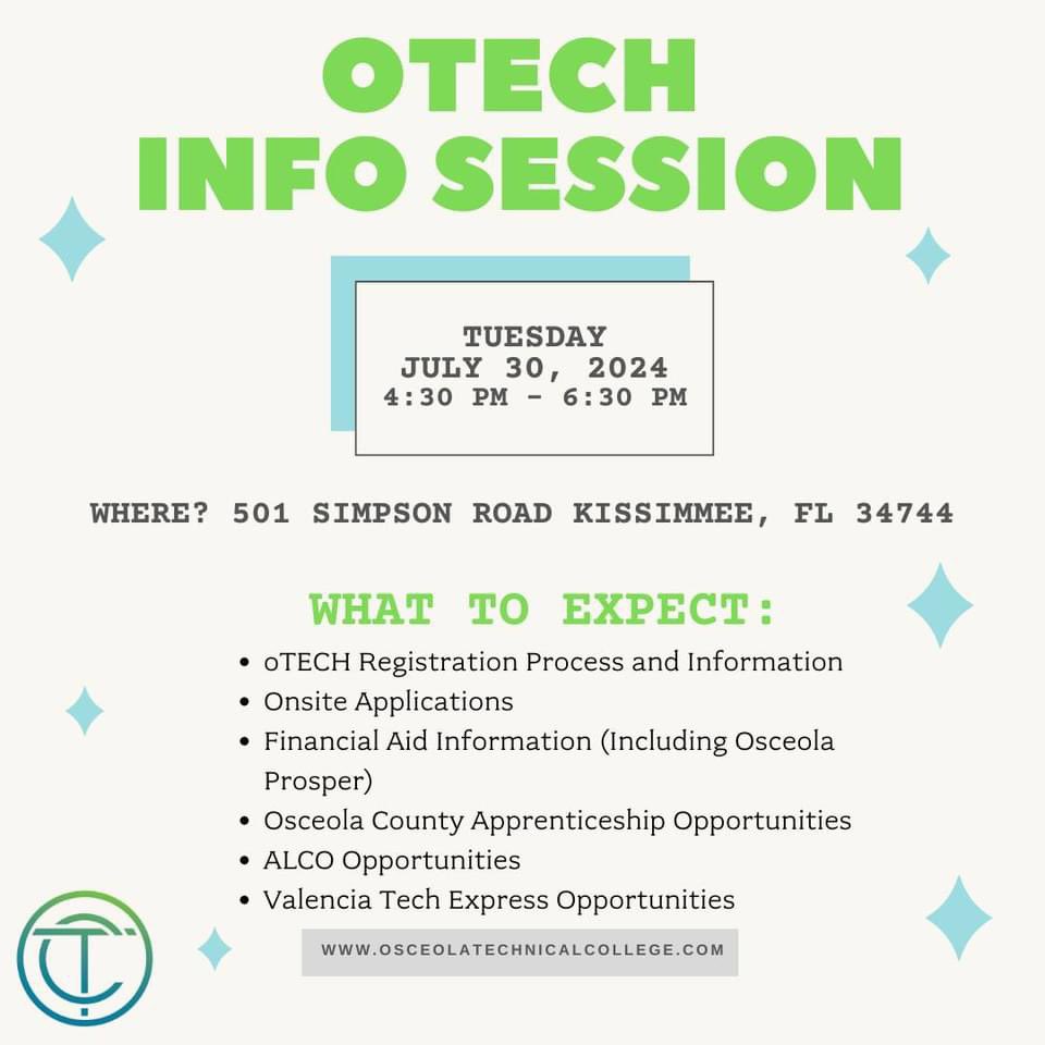Come visit us next Tuesday, July 30th from 4:30 pm - 6:30 pm to learn about all things oTECH! All details are listed on the attached flyer. Have further questions? Please call (407)344-5080. 😄

 #weareotech #skilluposceola #sdocgoodtogreat #everystudentfutureready