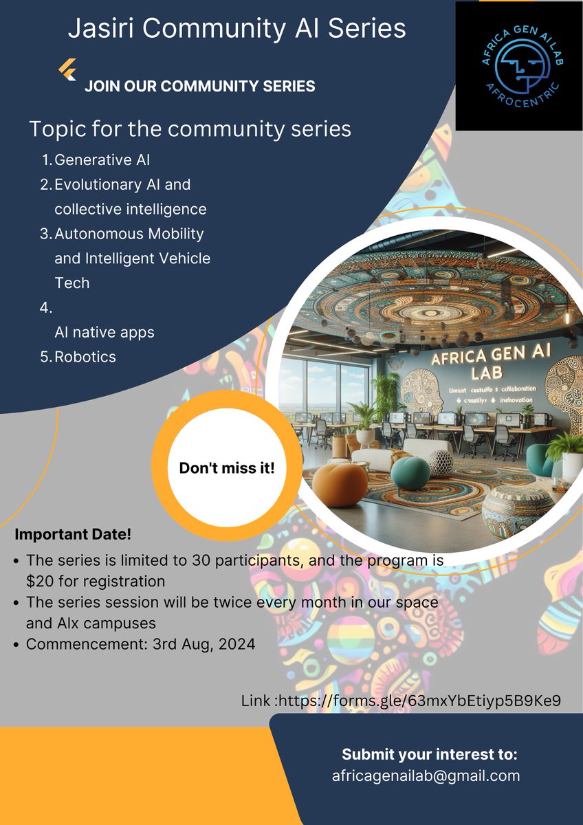 AfricaGenAI's tweet photo. Africa Gen AI lab is here to invite you to our monthly AI series 
If you are passionate about AI and its potential to transform Africa? Join our monthly meetups! Learn from experts, network with like-minded individuals, and get hands-on with AI projects.n https://t.co/x4SDOkWReP
