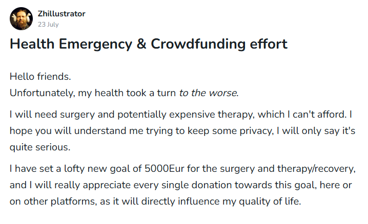 zhille's tweet photo. Hi, friends, bad news. Unfortunately, my health took a turn to the worse. I will need surgery and possibly expensive therapy, so I've started a small outreach for help from those who can afford so. 

Read more about how and where you can help at: https://t.co/1dLvBDcGWD https://t.co/iJynvpoA4z