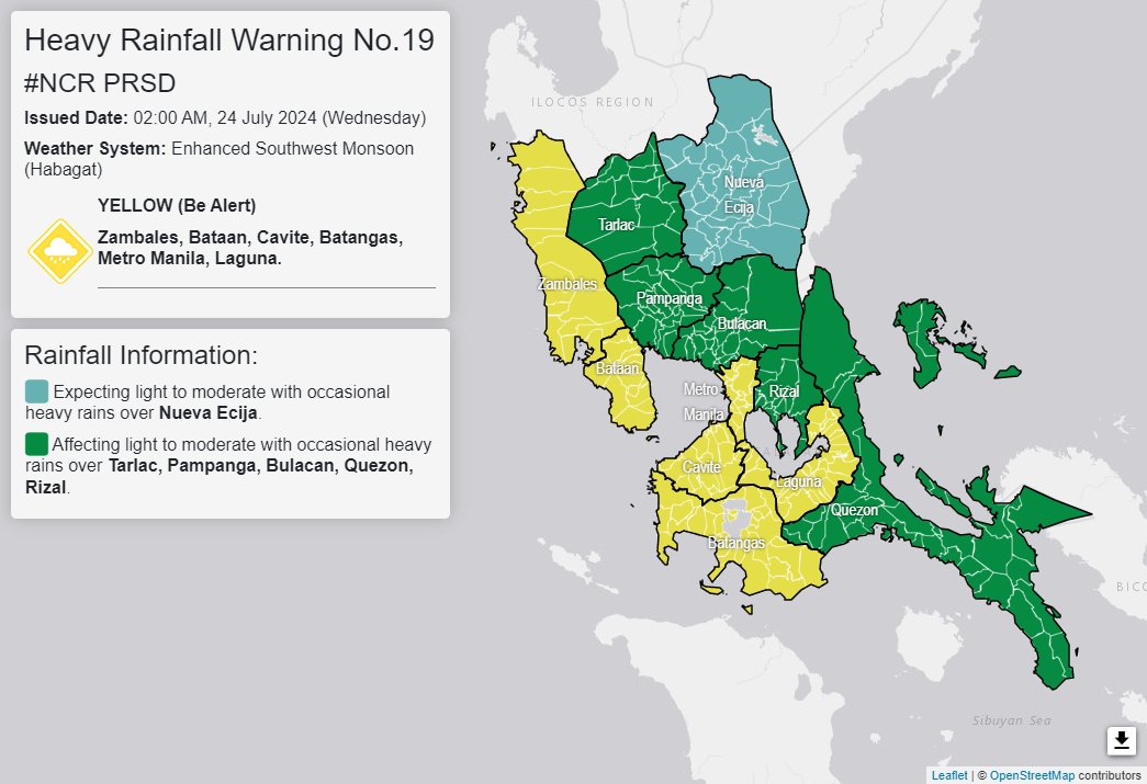 dost_pagasa's tweet photo. Heavy Rainfall Warning No. 19 #NCR_PRSD
Weather System: Enhanced Southwest Monsoon (Habagat)
Issued at: 2:00 AM, 24 July 2024(Wednesday)

YELLOW WARNING LEVEL: Zambales, Bataan, Cavite, Batangas, Metro Manila and Laguna.
ASSOCIATED HAZARD: FLOODING in flood-prone areas.
Meanwhile, expect light to moderate with occasional heavy rains over Nueva Ecija within the next 3 hours.
Light to moderate with occasional heavy rains affecting Tarlac, Pampanga, Bulacan, Quezon and Rizal which may persist within 3 hours.

The public and the Disaster Risk Reduction and Management Offices concerned are advised to MONITOR the weather condition and watch for the next warning to be issued at 5:00 AM today.
For more information and queries, please call telephone numbers 8927-1335 and 8927-2877 or log on to https://t.co/59mTpZJq1n.