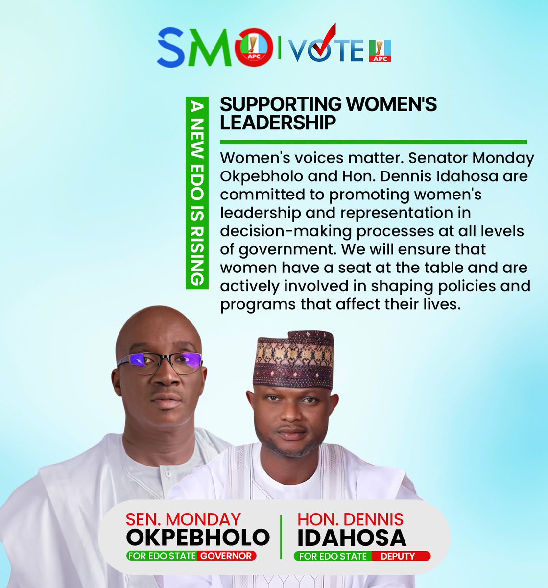 tinyanotuomagie's tweet photo. Supporting Women's Leadership

Women's voices matter. Senator Monday Okpebholo and Hon. Dennis Idahosa are committed to promoting women's leadership and representation in decision-making processes at all levels of government. We will ensure that women have a seat at the table and are actively involved in shaping policies and programs that affect their lives. 

#SMO
#ANewEdoIsRising
#Edo2024
#APCNewMedia 
#MondayForGovernor 
#EdoWomen