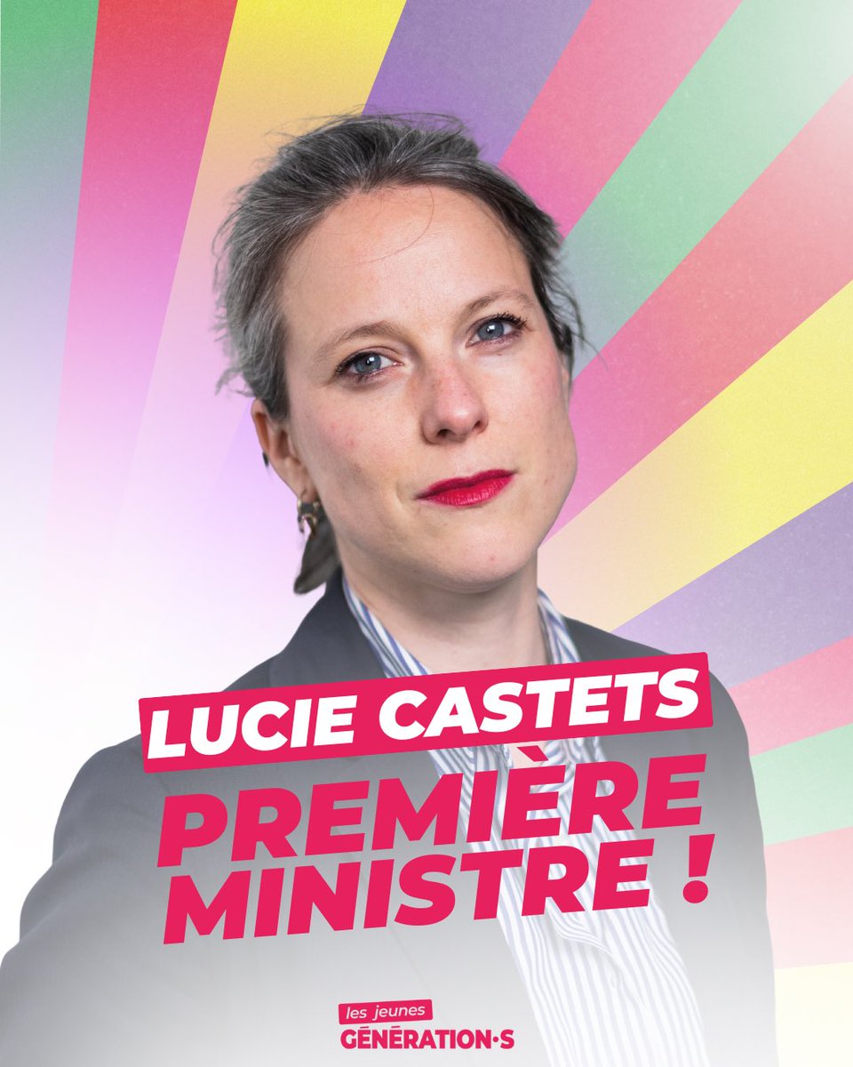 LesJeunesG's tweet photo. Le Nouveau Front Populaire a sa Première ministre !

Emmanuel Macron doit, dès à présent, respecter le résultat des élections législatives et nommer @CastetsLucie à Matignon. https://t.co/kvSunFAgMI