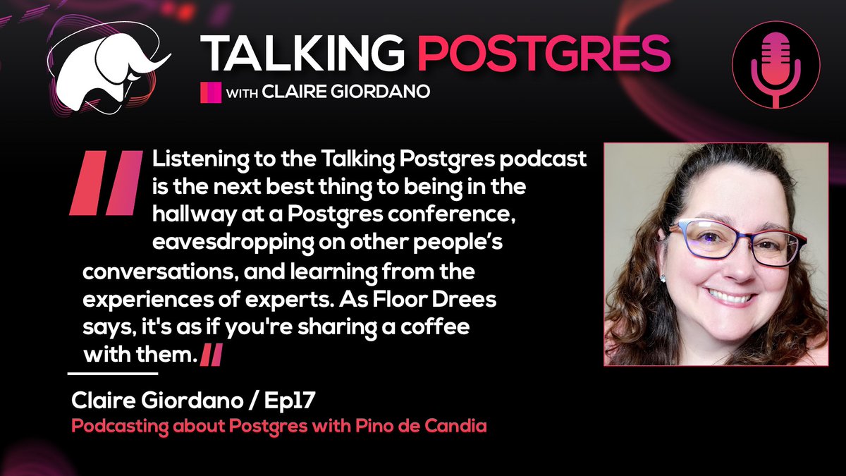 TechieAri's tweet image. 🚀 Tune in to Ep17 of #TalkingPostgres with @clairegiordano about ✨Podcasting about Postgres✨ with our former co-host Pino de Candia!
Great conversation about previous episodes, awesome #PostgreSQL guests, & shout-outs to other podcasts 🤩
aka.ms/TalkingPostgre…