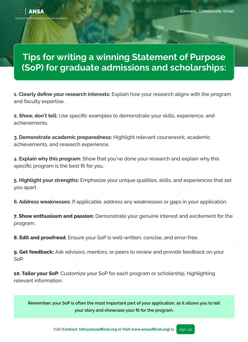 Official__ansa's tweet photo. Tips for writing a winning Statement of Purpose (SoP) for graduate admissions and scholarships:

1. Clearly define your research interests: Explain how your research aligns with the program and faculty expertise. https://t.co/YOCBxHCbX8