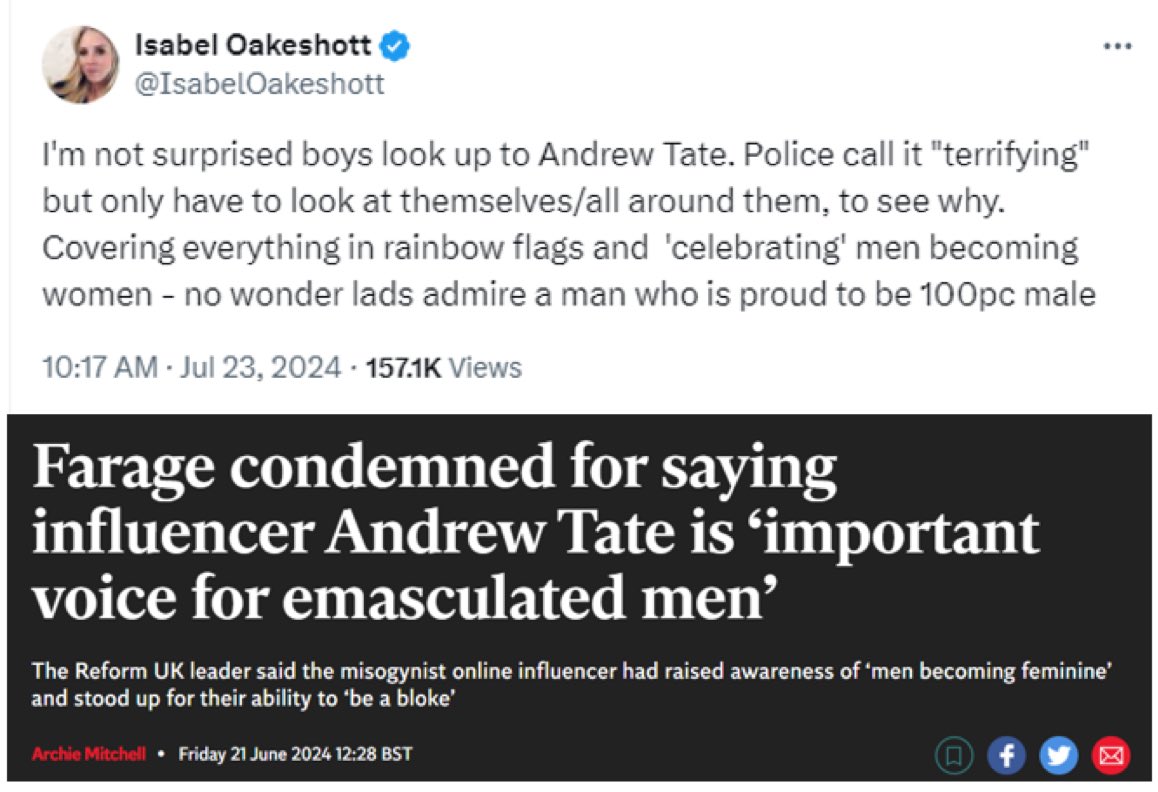 I’m not surprised Reform supporters look up to Andrew Tate, or Donald Trump, or Hannibal Lecter to be honest. Their extremist antipathy to anything kind, gentle or tolerant has made them mistake cruelty for strength, machismo for masculinity, reaction for action