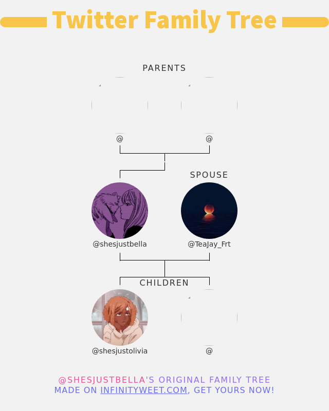 👨‍👩‍👧‍👦 My Twitter Family:
👫 Parents: @ @
👰 Spouse: <a href="/TeaJay_Frt/">TJ</a>
👶 Children: <a href="/shesjustolivia/">𝕚𝕥𝕤𝕛𝕦𝕤𝕥𝕠𝕝𝕚𝕧𝕚𝕒</a> @

➡️ infinityweet.me/family-tree