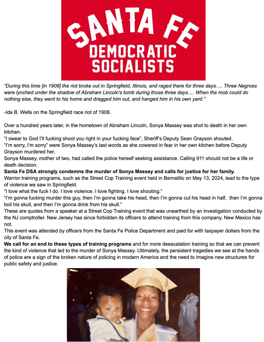 DSASantaFe's tweet photo. Our statement on the murder of Sonya Massey. https://t.co/Cv9SQLTZUQ