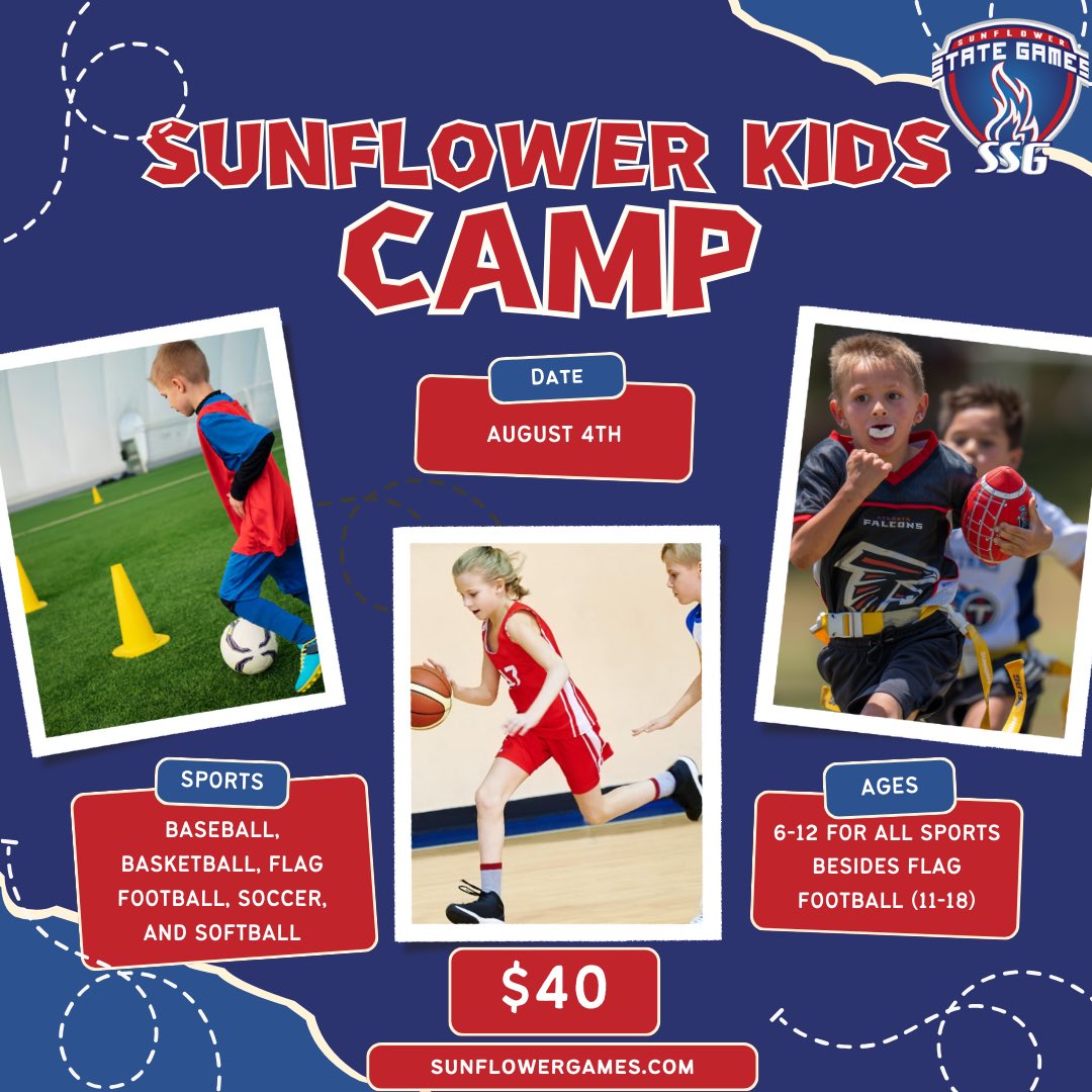 SunflowerGames's tweet photo. Sign up today for our kids camp! It’s going to be a great experience to learn! #soccer #basketball #baseball #softball #flagfootball #kids #camp https://t.co/9IspcqtePd