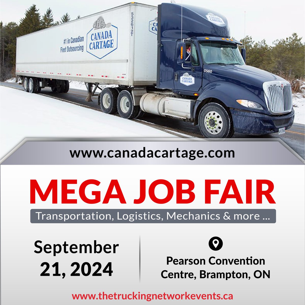TTNDailyTweets's tweet photo. Join @CanadaCartage at the Mega Job Fair! Explore career opportunities as AZ/DZ drivers, owner-operators, or mechanics!
πSept 21, 2024 - Pearson Convention Centre, Brampton, ON
Register Now: https://t.co/PtjmPsQn9n
#TTNMegaJobFair #JobFair #AZDrivers #DZDrivers #Mechanics #Trucking #OntarioJobs #TTL
