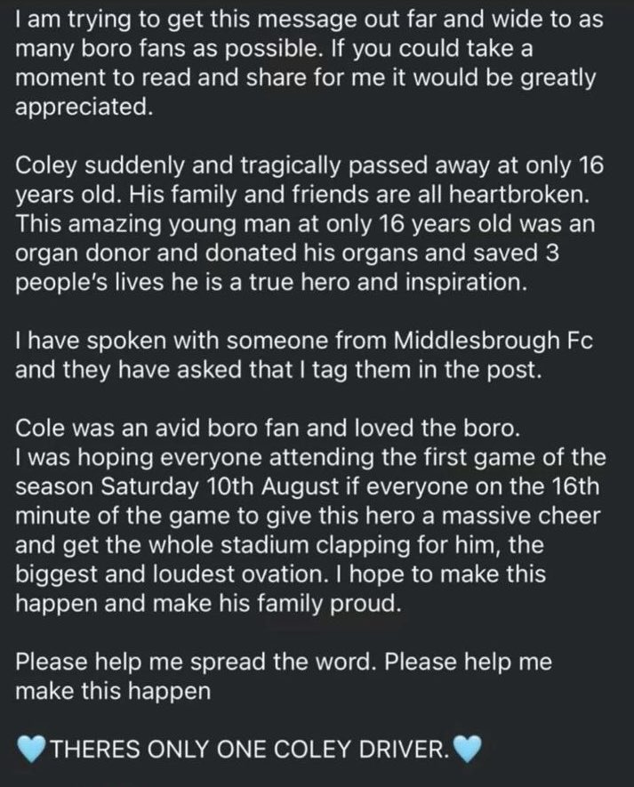 From my sons pals 💔
Tragically their friend Cole passed away recently aged just 16.

Grateful for any ⁦<a href="/Boro/">Middlesbrough FC</a>⁩ fans sharing it.

10th August game, applause and ovation on 16th minute gratefully appreciated 🙏🔴⚪️